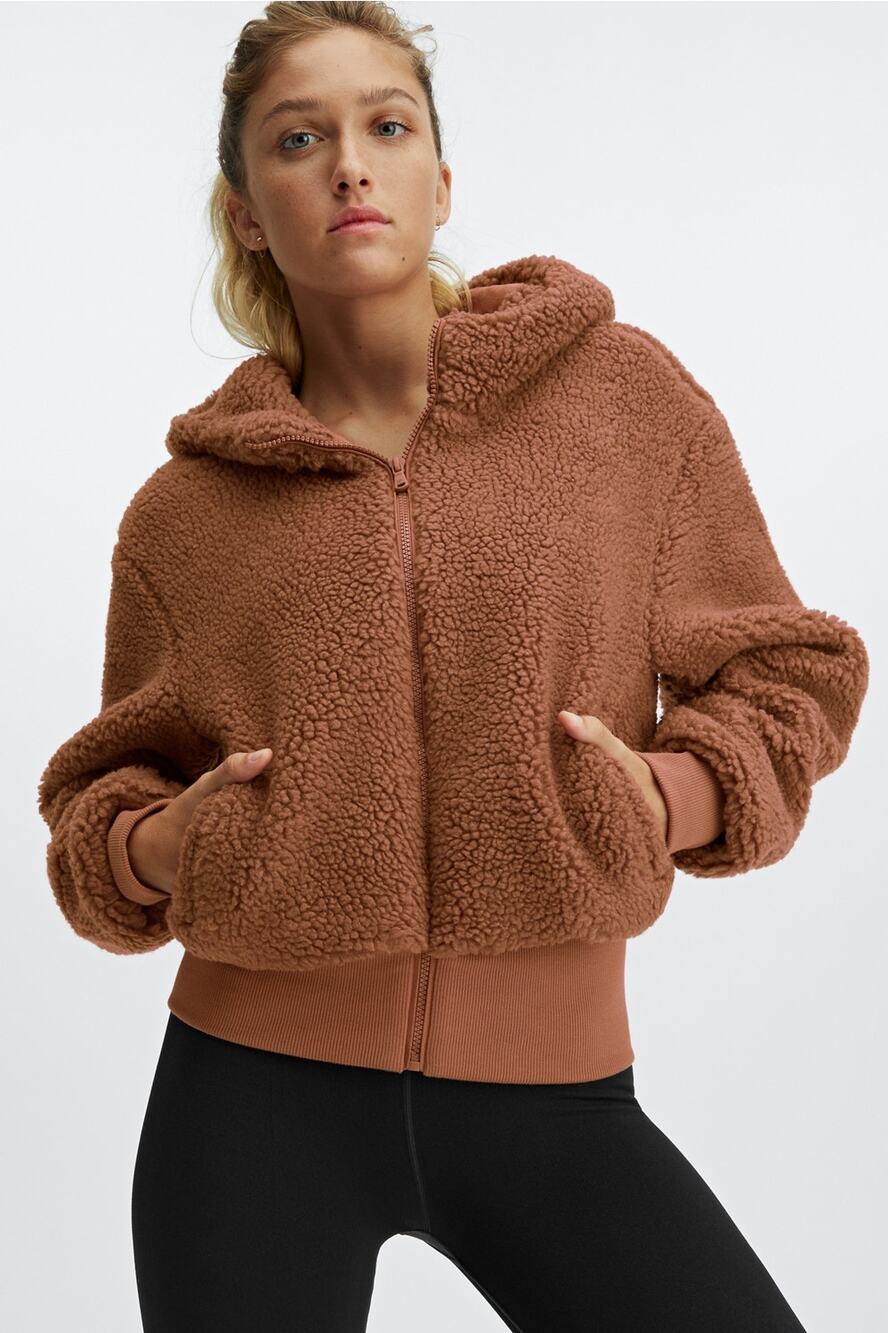 Fabletics Summit Teddy Zip Up Hooded Sherpa Brown Jacket XXL